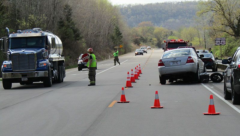 Crash scene involving two cars and a motorcycle near Coon Valley on Monday, May 7, 2018. Photo courtesy Vernon County Sheriff's Office
